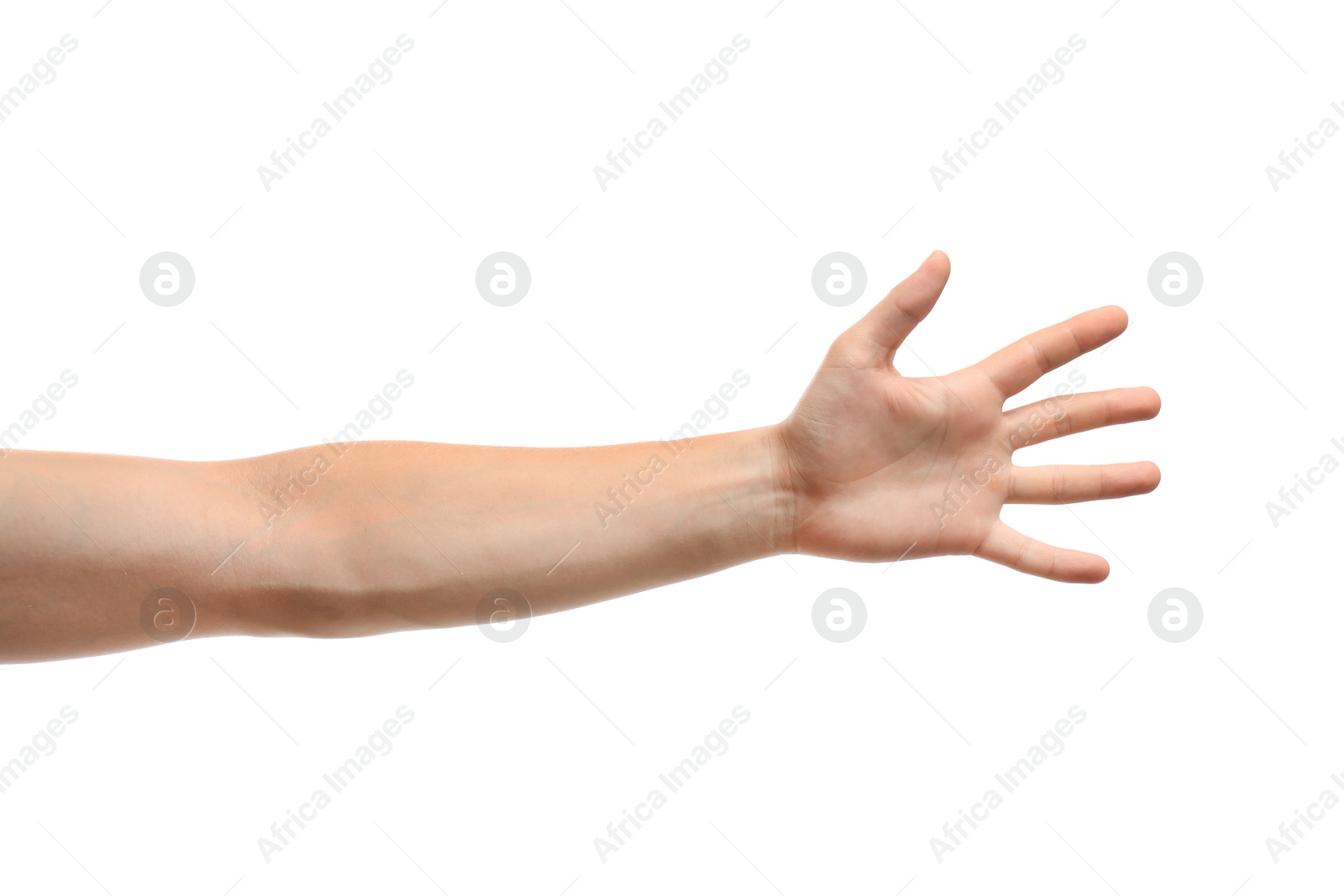 Photo of Young man held out hand on white background, closeup