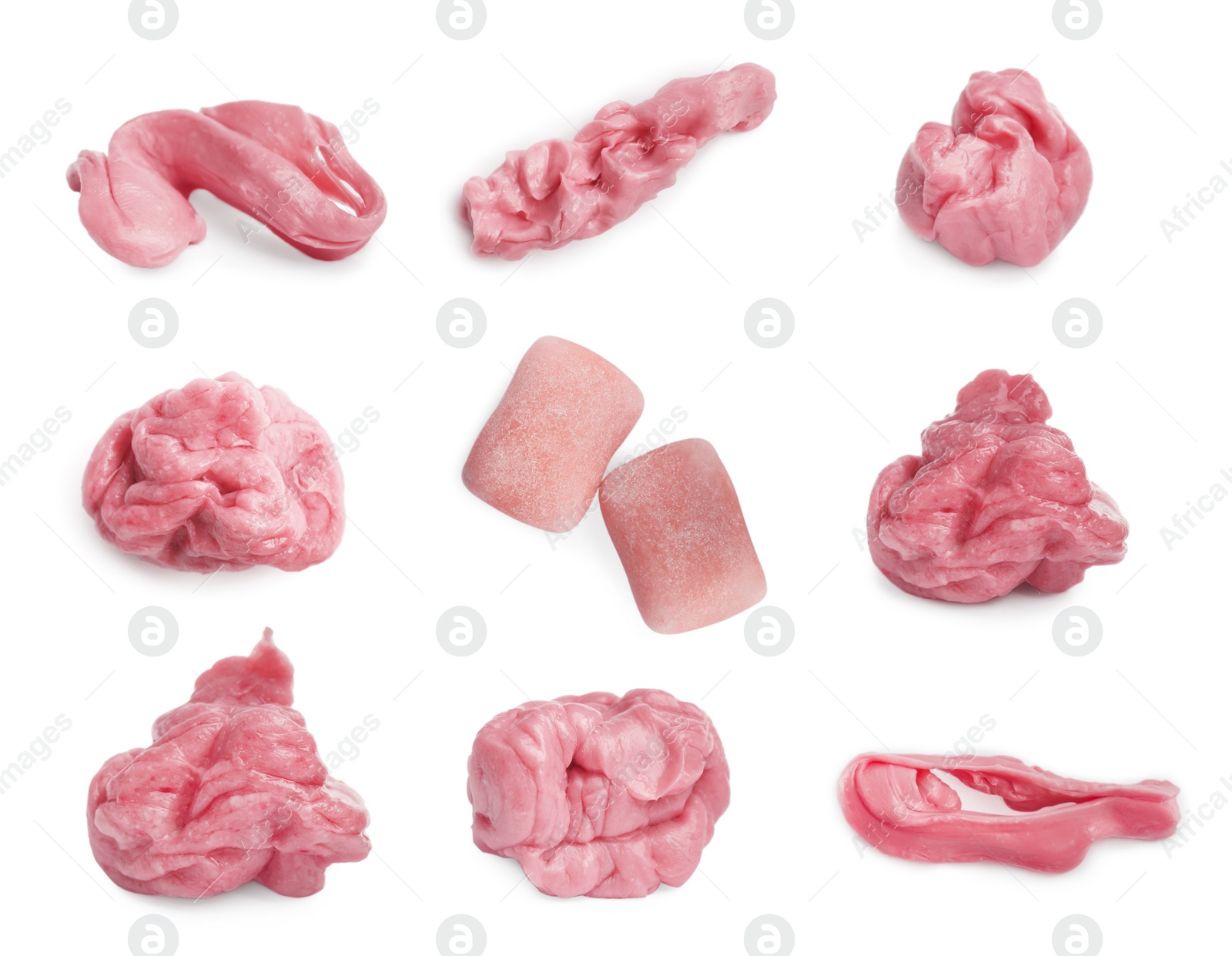 Image of Set with used chewing gums and new ones on white background