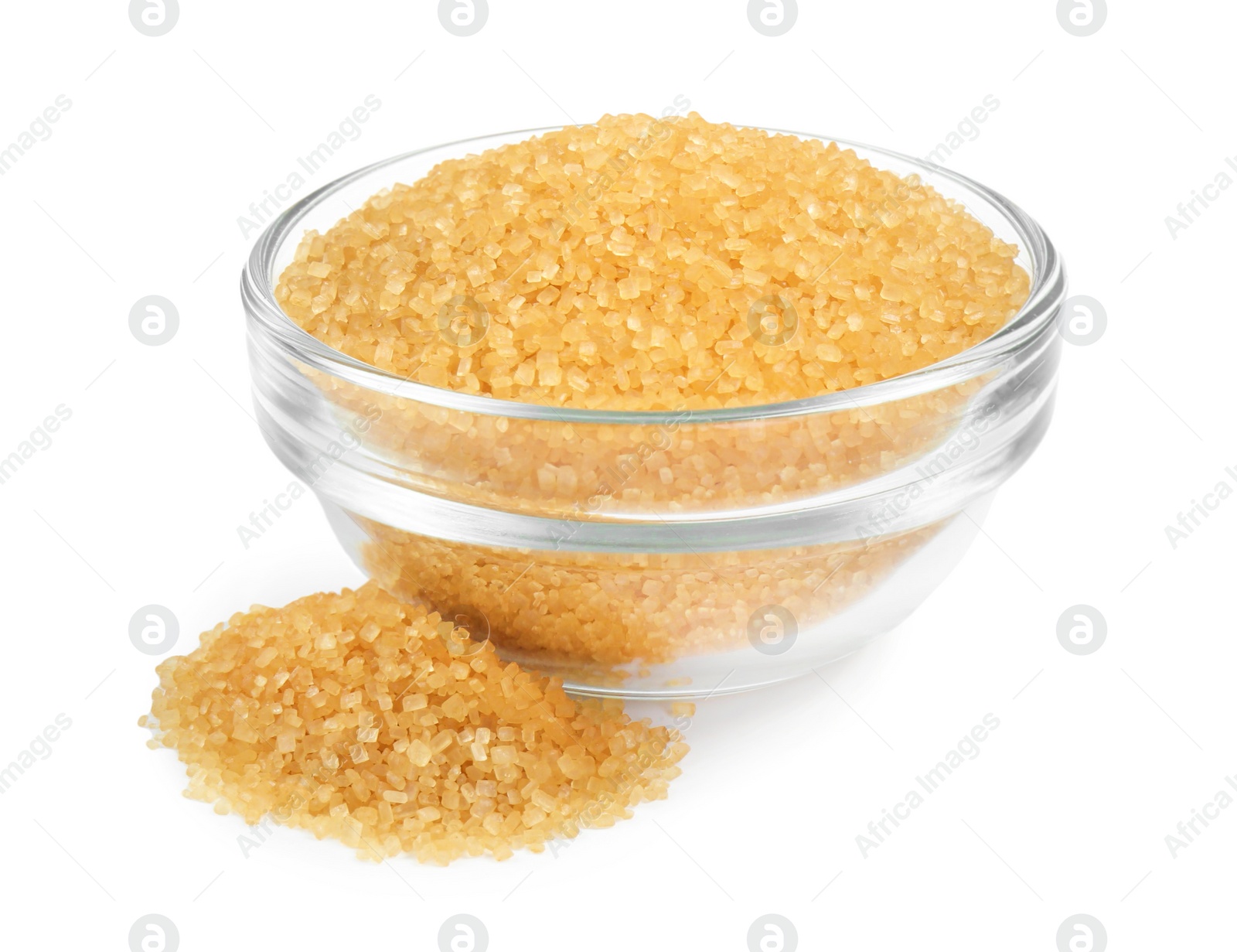 Photo of Brown sugar in glass bowl isolated on white