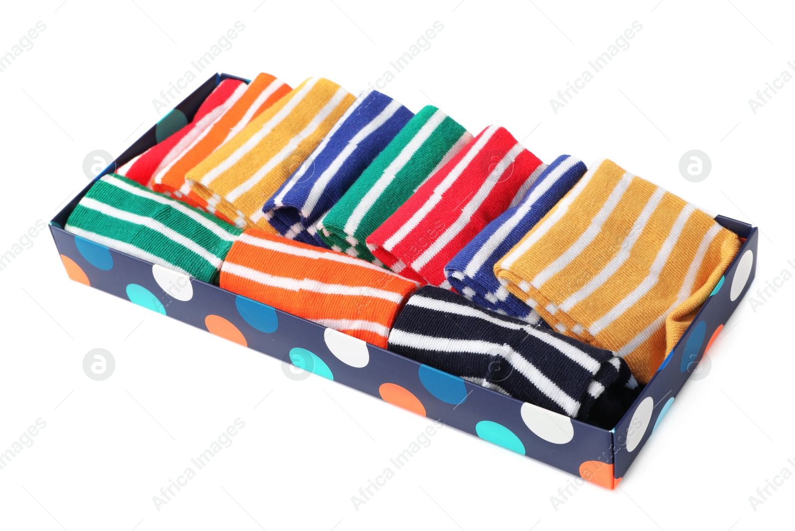 Photo of Box with cute child socks on white background