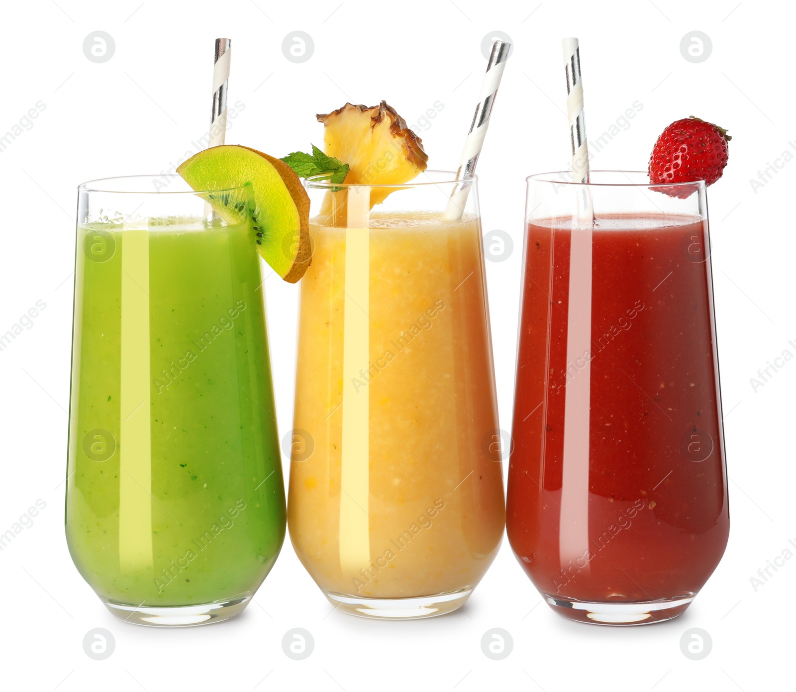 Photo of Delicious juices in glasses on white background