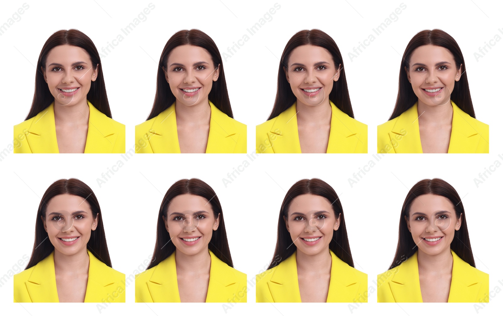 Image of Passport photo, collage. Woman on white background, set of photos