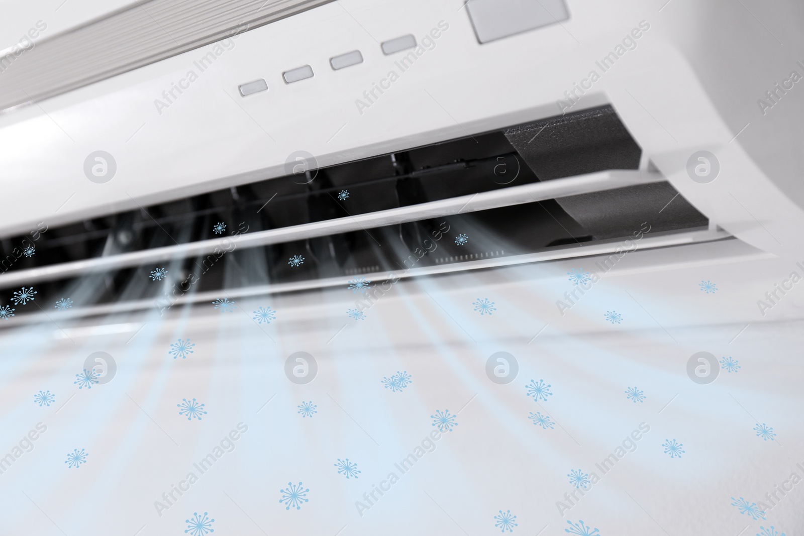 Image of Modern air conditioner on white wall indoors, closeup 