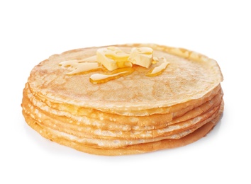 Photo of Stack of tasty thin pancakes with maple syrup and butter on white background