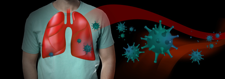 Man with diseased lungs and viruses around him on dark background