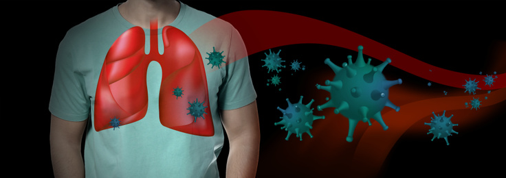 Image of Man with diseased lungs and viruses around him on dark background