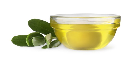 Photo of Olive oil in glass bowl and leaves on white background. Healthy cooking