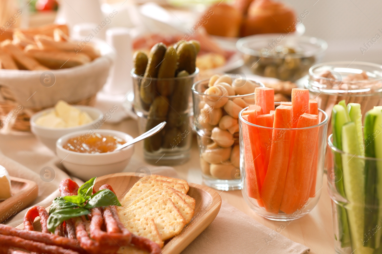 Photo of Dishes with different food on table. Luxury brunch