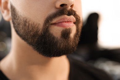 Photo of Young man with groomed beard in barbershop, closeup