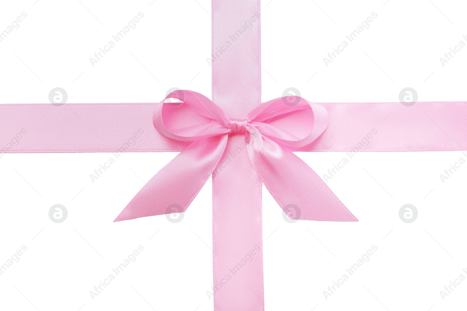 Photo of Pink satin ribbon with bow on white background, top view