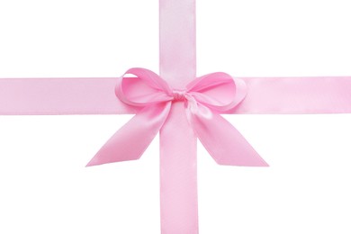 Photo of Pink satin ribbon with bow on white background, top view