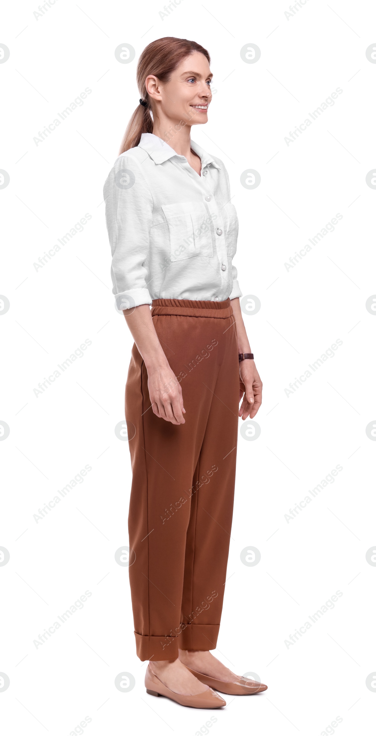 Photo of Full length portrait of beautiful happy businesswoman on white background