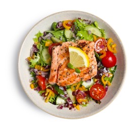 Photo of Bowl with tasty salmon, lemon and mixed vegetables on white background, top view