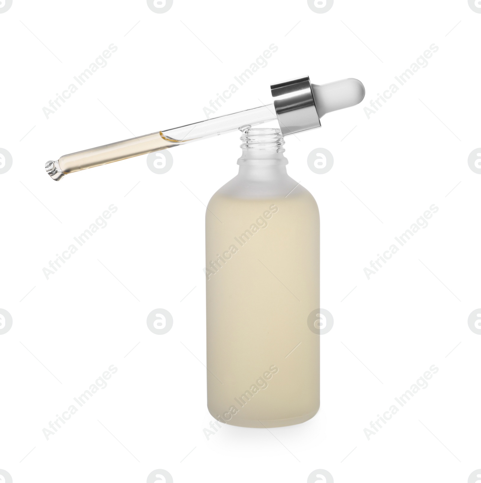 Photo of Bottle of hydrophilic oil and pipette on white background