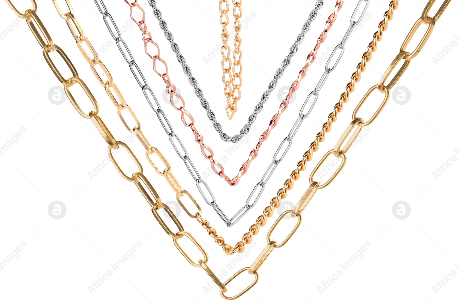 Image of Set with different jewellery chains isolated on white