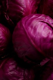 Photo of Many fresh ripe red cabbages as background