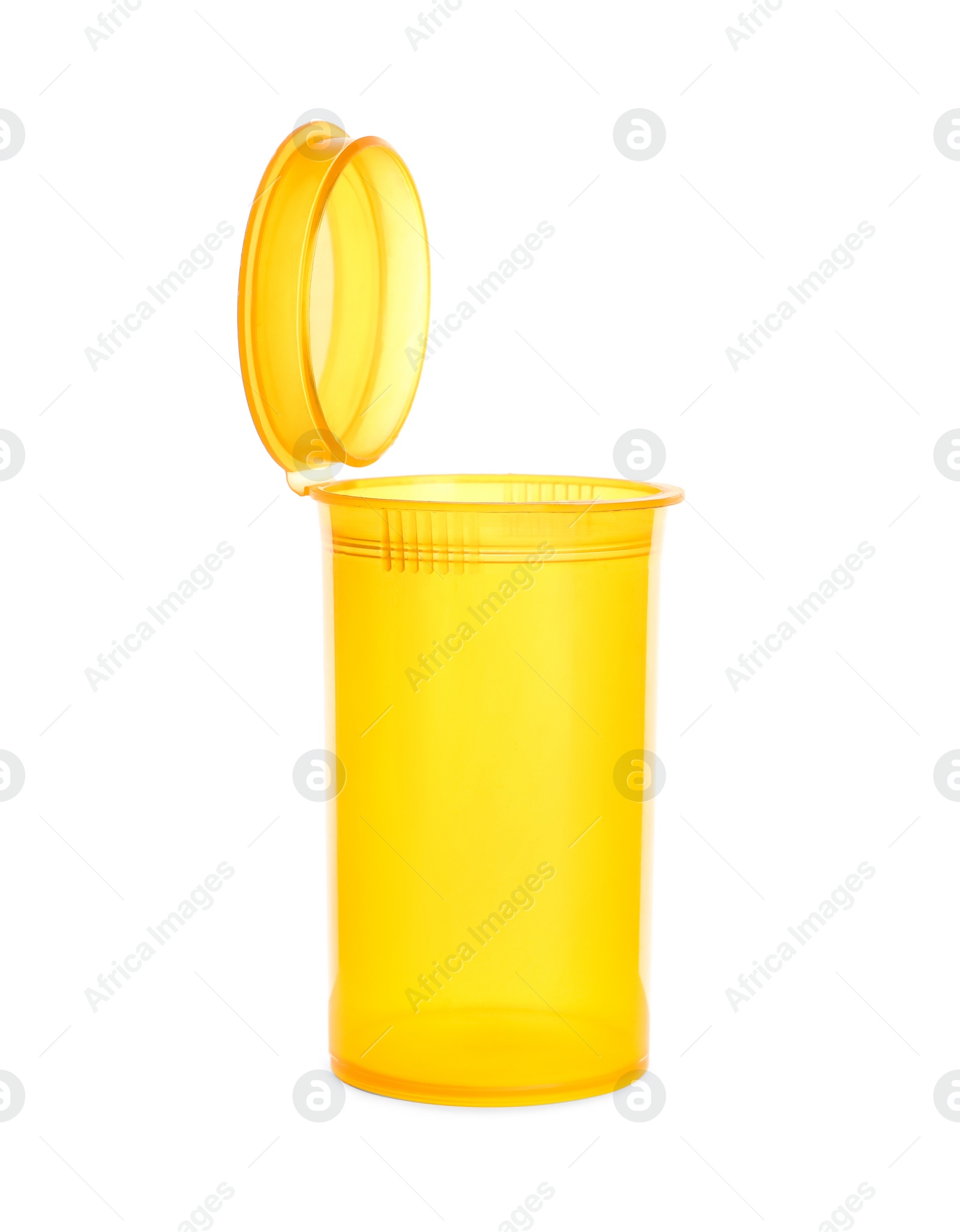Photo of Empty orange plastic container for pills isolated on white