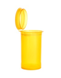 Empty orange plastic container for pills isolated on white