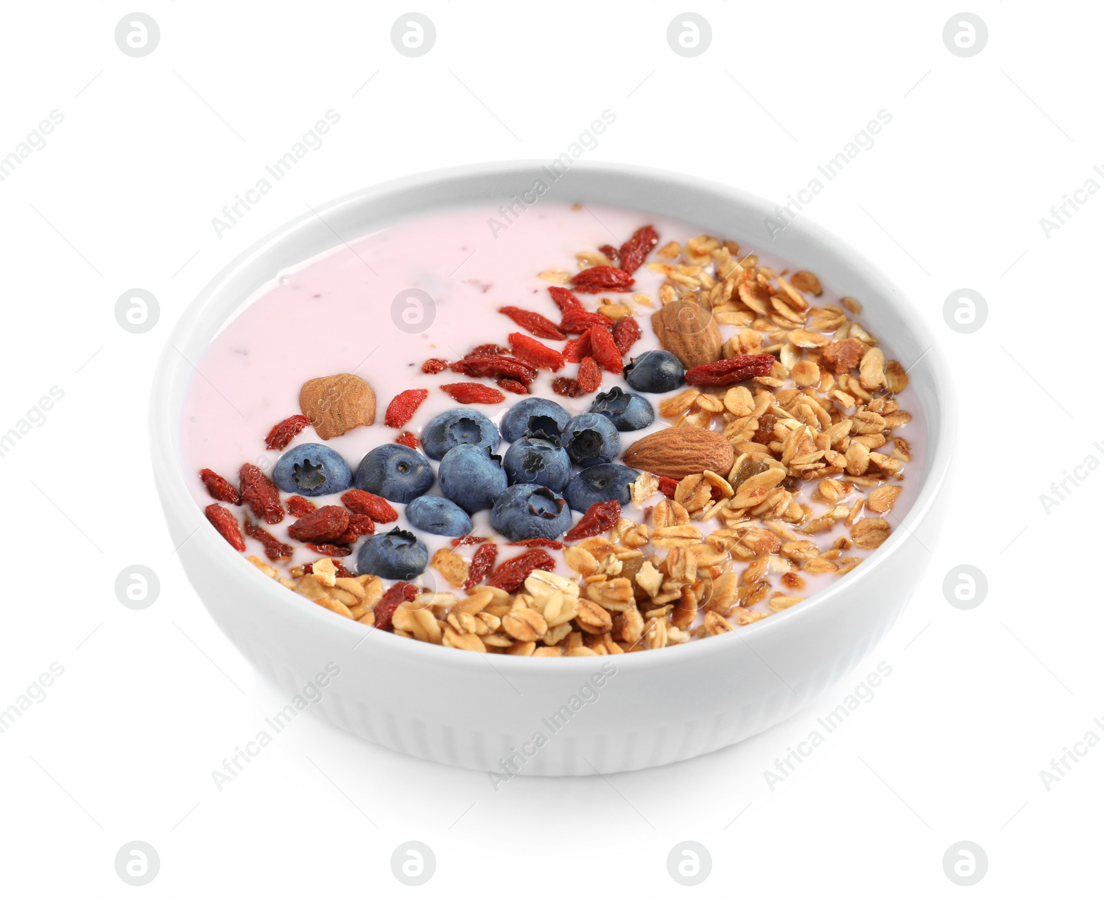 Photo of Smoothie bowl with goji berries on white background
