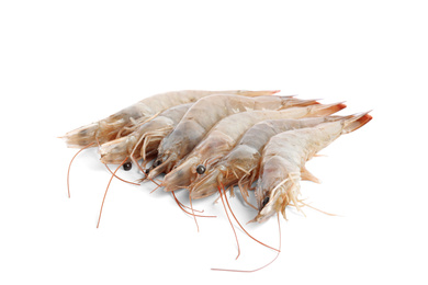 Photo of Fresh raw shrimps isolated on white. Healthy seafood