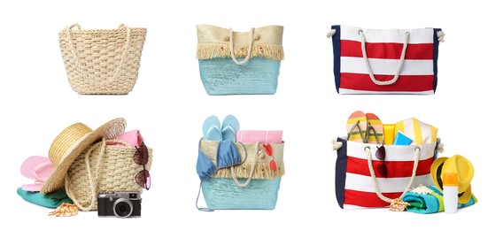 Set with different stylish bags and beach accessories on white background. Banner design