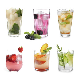 Set with different refreshing cocktails on white background