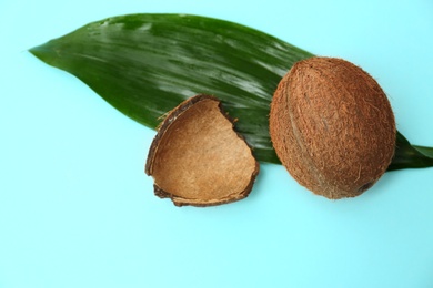 Photo of Fresh coconut and palm leaf on light blue background, flat lay