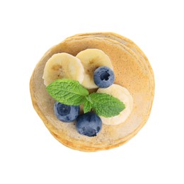 Photo of Tasty oatmeal pancakes and ingredients on white background, top view