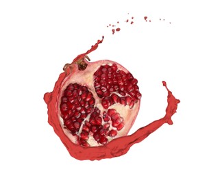 Image of Fresh ripe pomegranate and splash of juice on white background