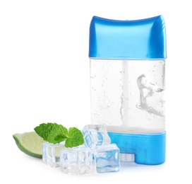 Photo of Natural male deodorant with ice, mint and lime on white background