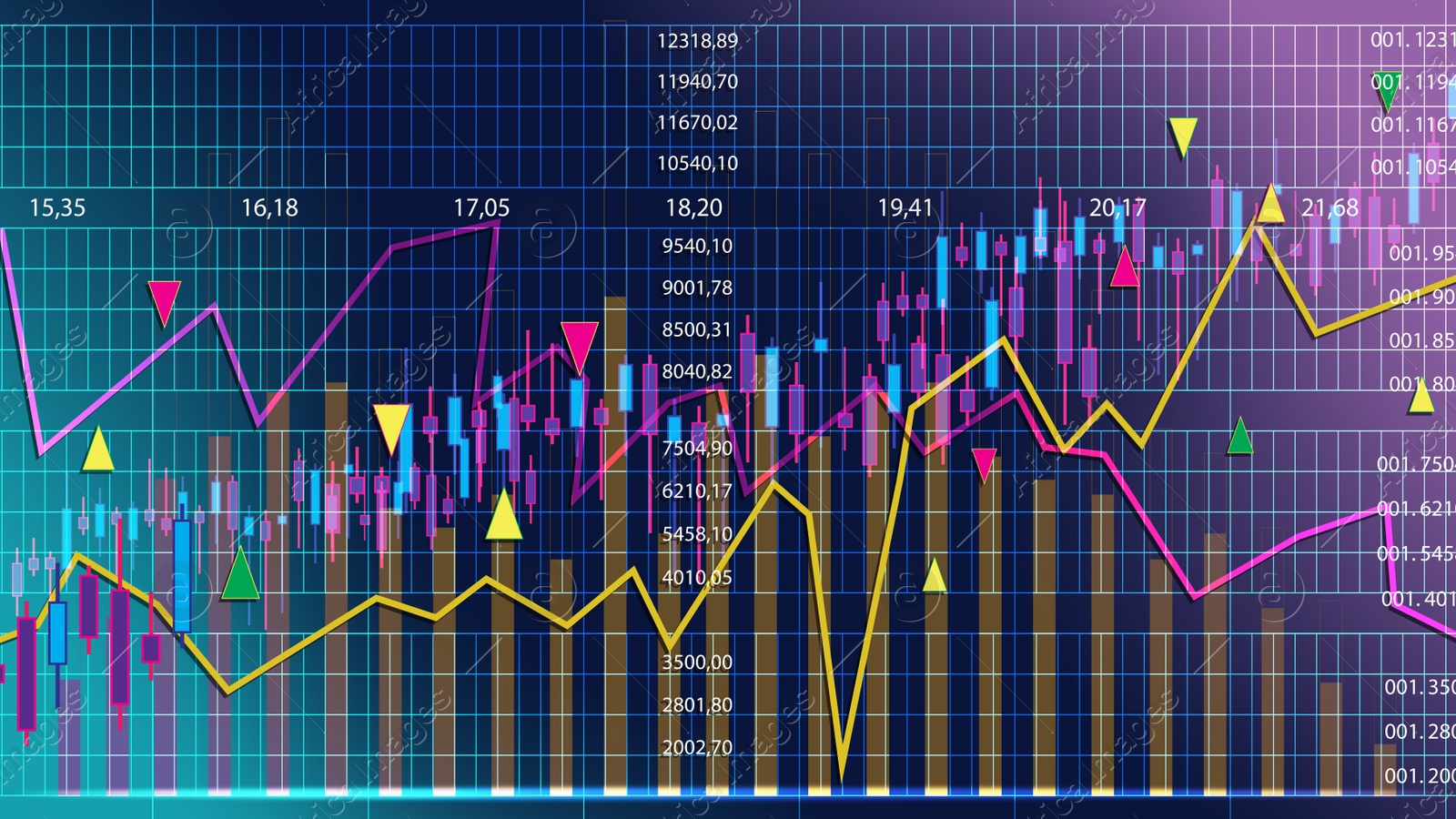 Illustration of Movement of asset price. Market of cryptocurrency / stocks / commodity. Charts, graphs and data on color background