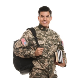 Cadet with backpack and books isolated on white. Military education