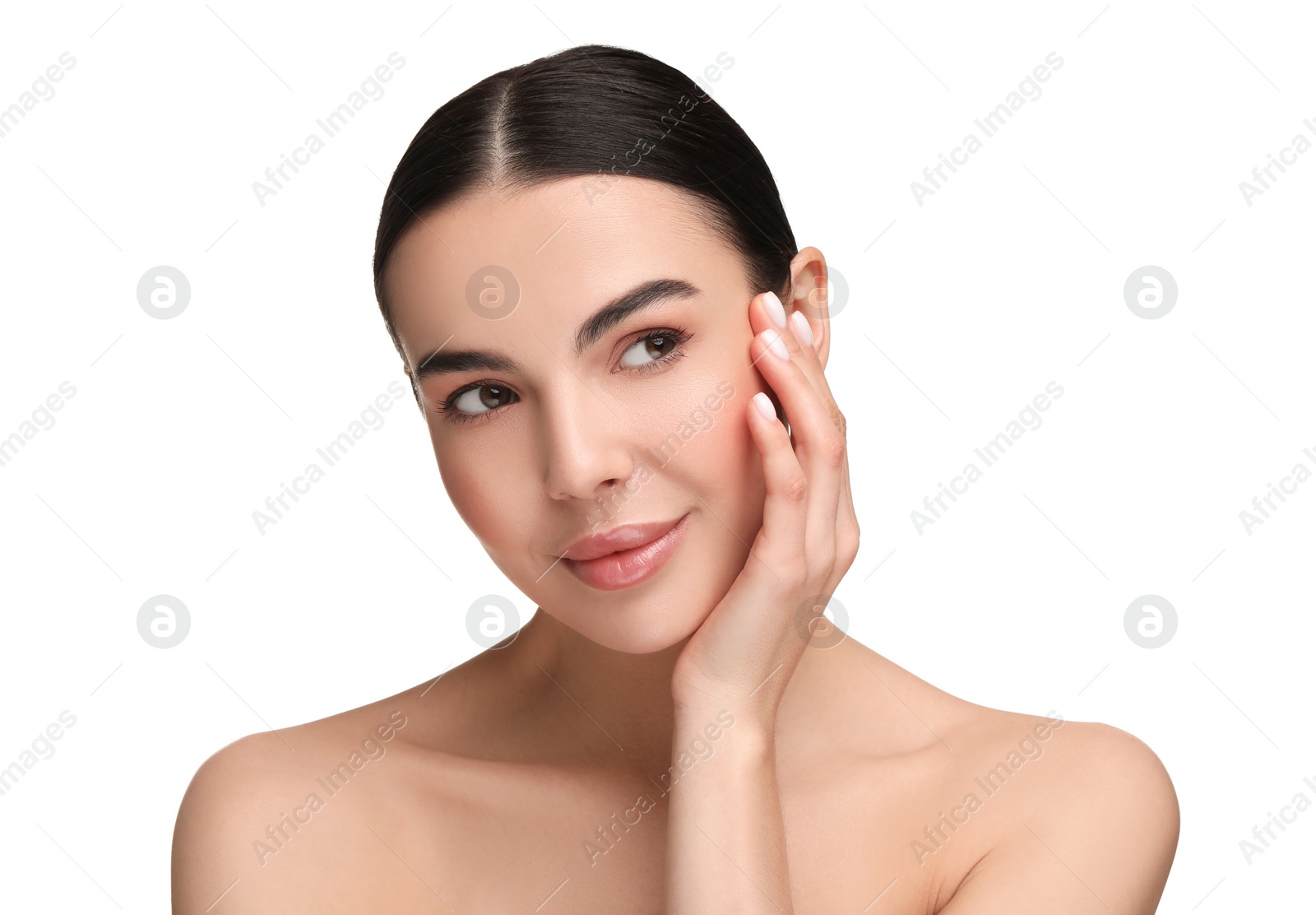 Photo of Beautiful woman with healthy skin on white background