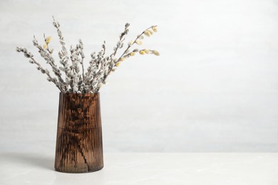 Photo of Beautiful pussy willow branches in glass vase on white table, space for text