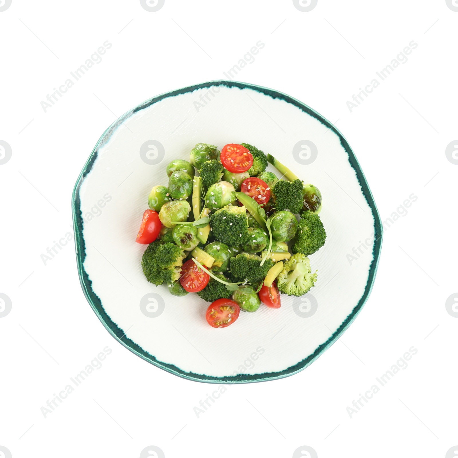 Photo of Tasty fresh salad with Brussels sprouts isolated on white, top view