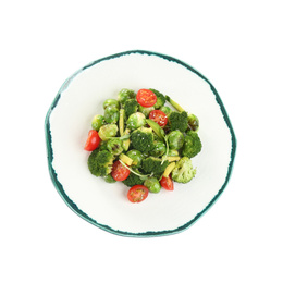 Tasty fresh salad with Brussels sprouts isolated on white, top view