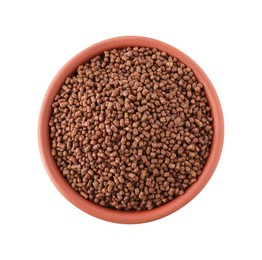 Buckwheat tea granules in bowl on white background, top view