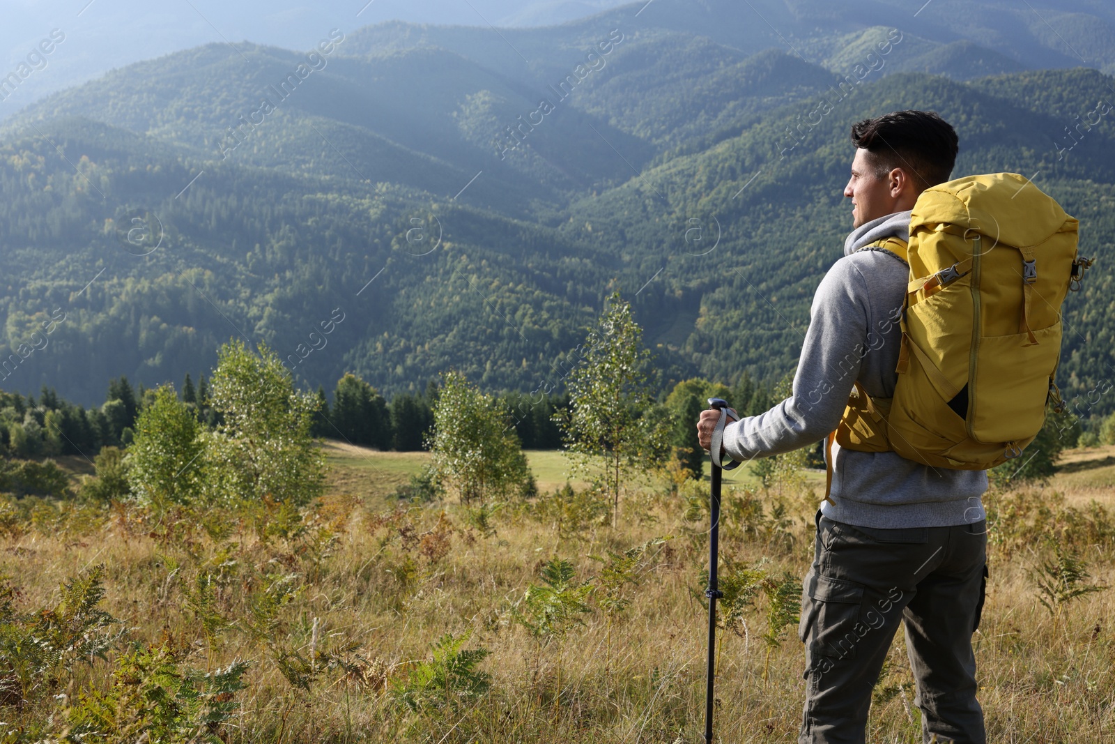 Photo of Tourist with backpack and trekking poles enjoying mountain landscape, space for text