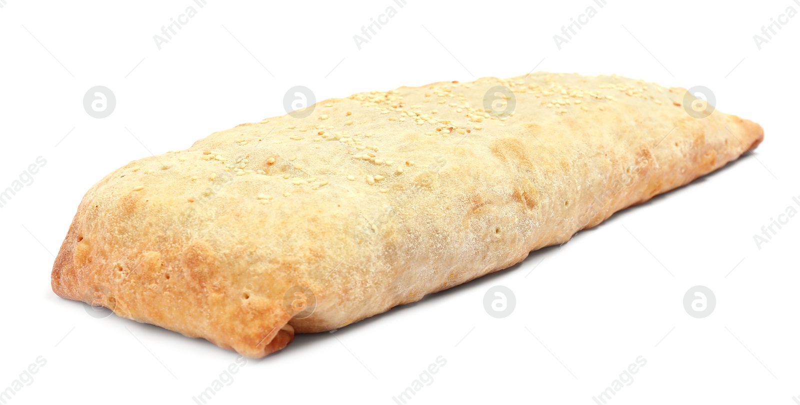 Photo of Delicious strudel with tasty filling isolated on white