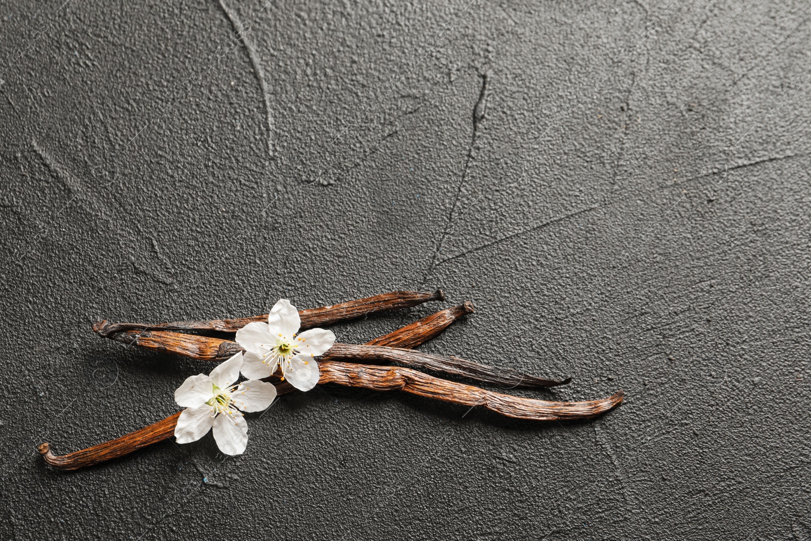 Photo of Vanilla sticks and flowers on grey background