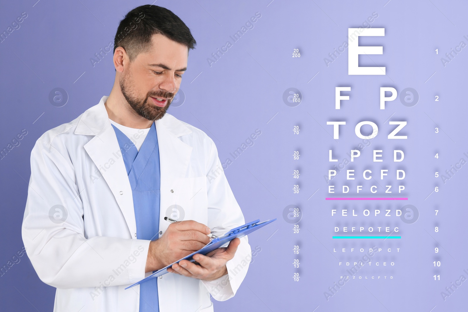 Image of Vision test. Ophthalmologist or optometrist and eye chart on blue violet background