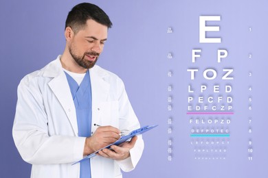 Image of Vision test. Ophthalmologist or optometrist and eye chart on blue violet background