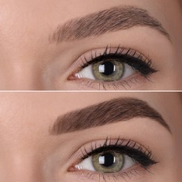 Image of Collage with photos of young woman before and after permanent makeup procedure, closeup