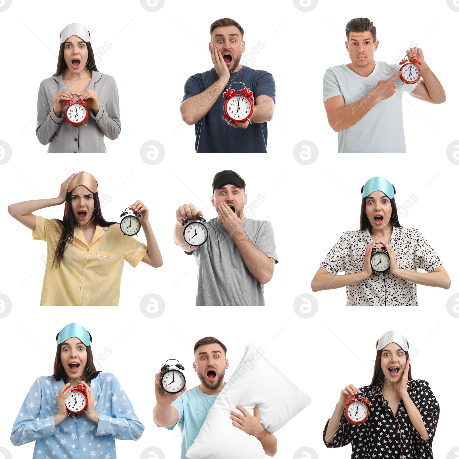 Image of Collage with photos of people with alarm clocks on white background