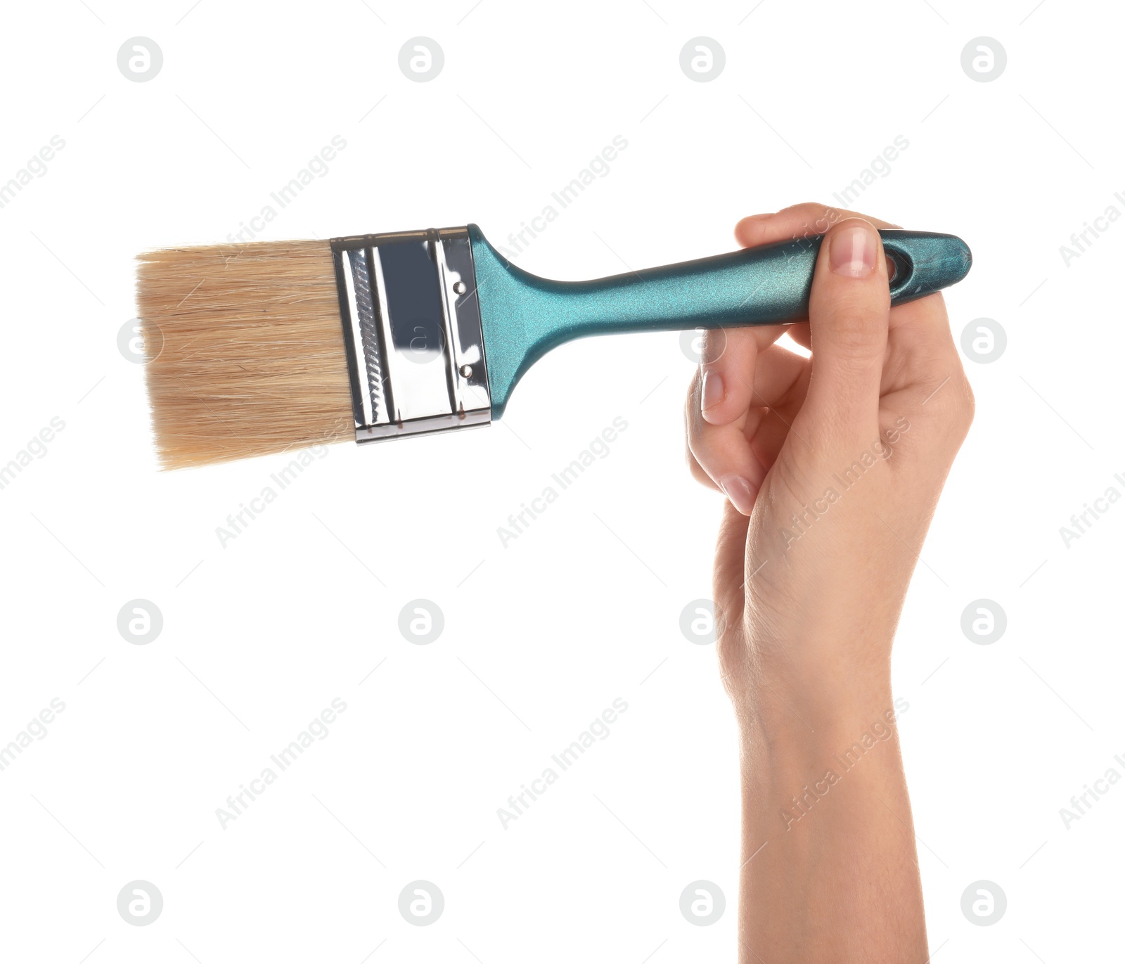 Photo of Woman holding paint brush on white background, closeup