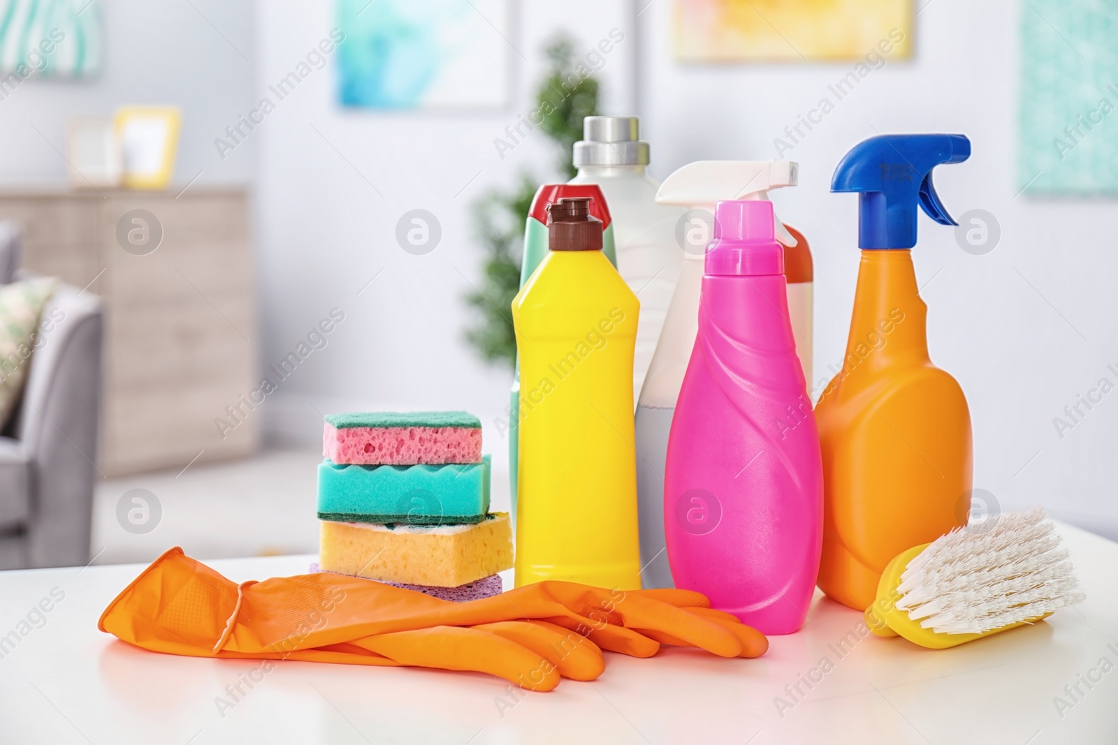 Photo of Set of cleaning supplies on table indoors