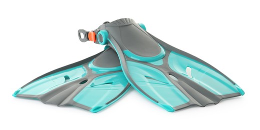 Photo of Pair of turquoise flippers on white background