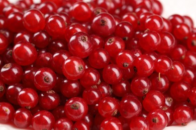 Photo of Many ripe red currants on white background, closeup