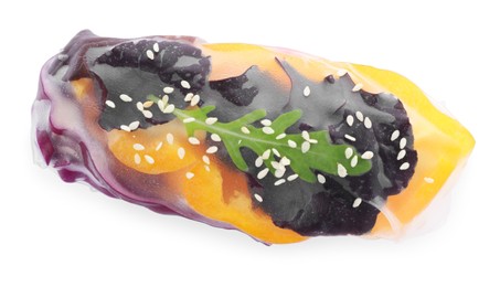 Photo of Delicious roll wrapped in rice paper on white background, top view