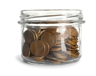 Photo of Glass jar with coins isolated on white